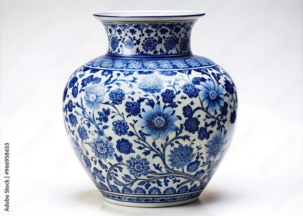Delicately crafted blue and white ceramic vase features intricate floral patterns that dance across its surface, exuding a sense of timeless beauty. Delicately crafted blue and white ceramic vase features intricate floral patterns that dance across its surface, exuding a sense of timeless beauty.