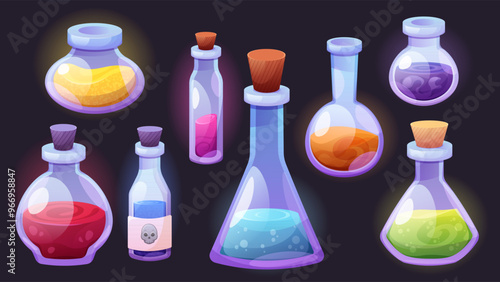 Set of glass chemical flasks. Jars, test tubes, containers with chemical reagents for laboratory. Vector elements on white background