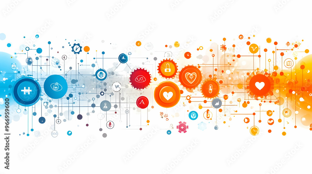 Obraz premium Abstract graphic representing technology, health, and innovation through colorful icons and connections.