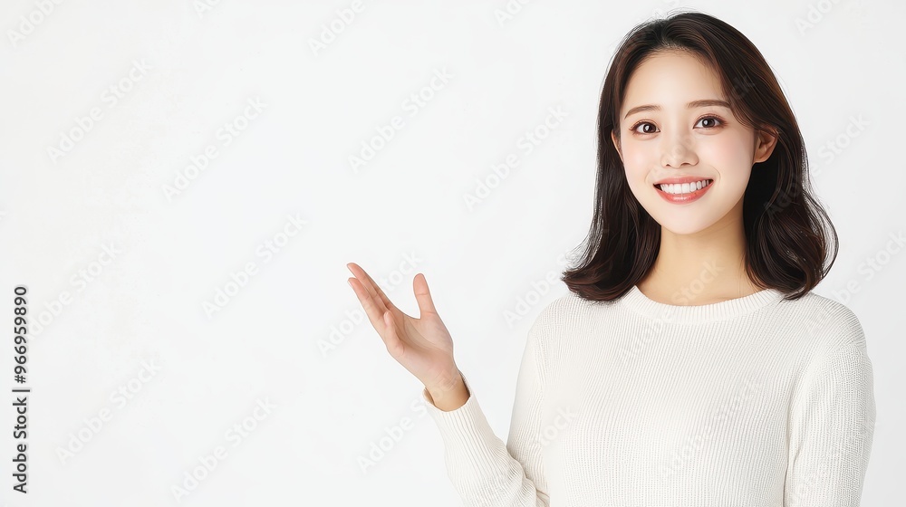 Smiling Woman Presenting Product With Open Hand Gesture Smiling Woman Presenting Product With Open Hand Gesture