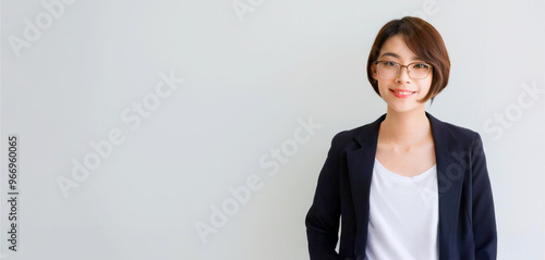 A portrait of an Asian female businessperson with short hair, wearing glasses and a jacket.