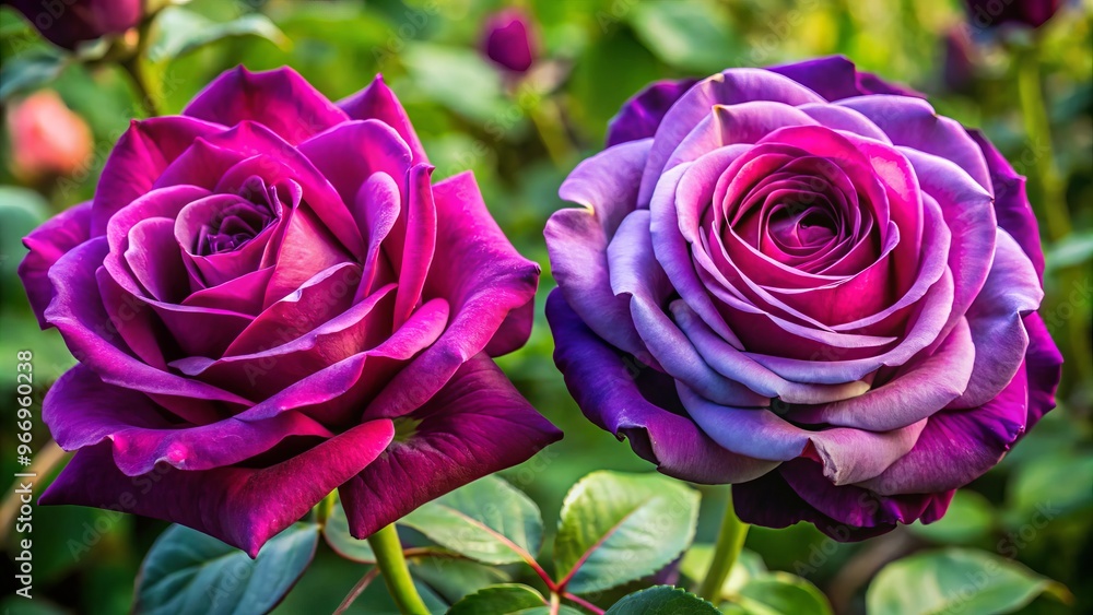 Two sumptuous hybrid tea roses bloom magnificently, one a deep, rich purple and one a captivating combination of Two sumptuous hybrid tea roses bloom magnificently, one a deep, rich purple and one a captivating combination of