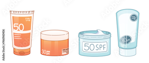 Sunscreen cream in plastic tube and jar. Cartoon vector illustration set of bottle with face and body skin care and sunblock lotion with spf. Container with ultraviolet protection cosmetic product.