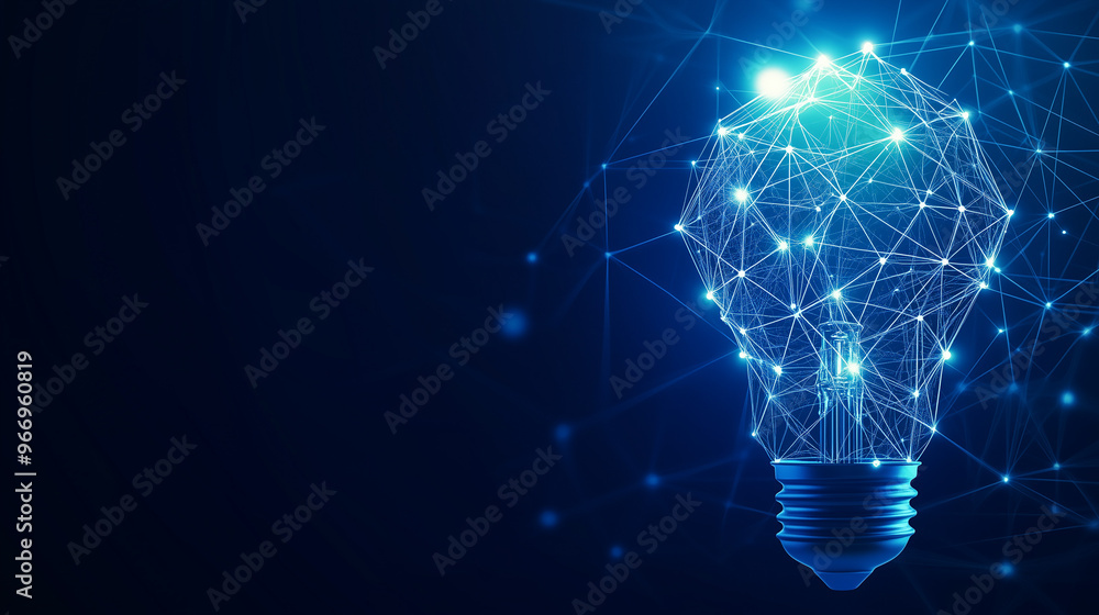 Minimalistic abstract image of a blue light bulb created from a network of glowing blue nodes and lines, conveying advanced ideas, technology, and connectivity.