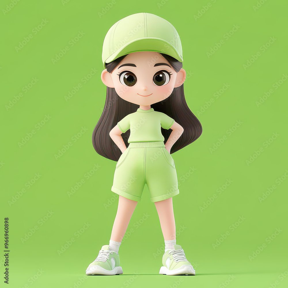 A vibrant cartoon girl in green sportswear, radiating charm against a lush green backdrop, embodying energetic design. A vibrant cartoon girl in green sportswear, radiating charm against a lush green backdrop, embodying energetic design.