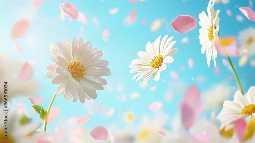 White Daisy Flowers with Pink Petals Falling on Blue Background White Daisy Flowers with Pink Petals Falling on Blue Background