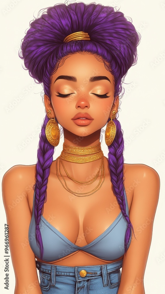 A serene scene of a woman with vibrant purple hair, smiling while meditating in sunlight, adorned with golden earrings. A serene scene of a woman with vibrant purple hair, smiling while meditating in sunlight, adorned with golden earrings.