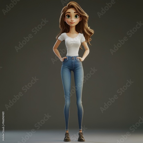 A 3D cartoon woman with straight brown hair, green almondshaped eyes, and a sporty look in denim and white tee. photo