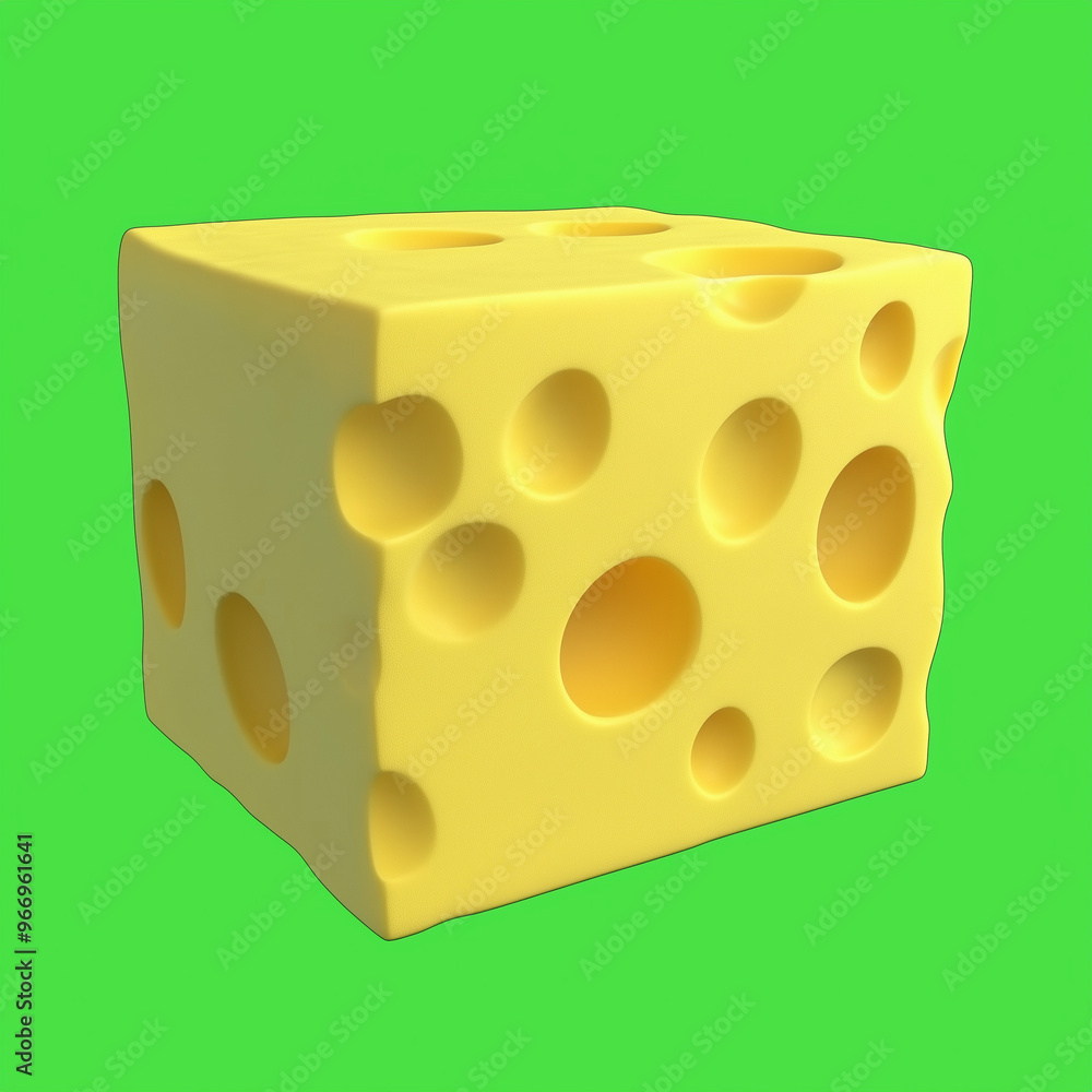 A detailed and realistic 3D rendering of a chunk of Swiss cheese block with a green background, highlighting the classic holes indicative of its well-known texture. A detailed and realistic 3D rendering of a chunk of Swiss cheese block with a green background, highlighting the classic holes indicative of its well-known texture.