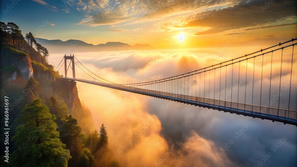 Obraz premium Suspension bridge spanning foggy canyon at sunrise, medium shot
