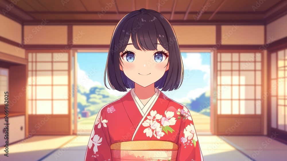 A woman dons a vibrant red kimono adorned with flowers, standing gracefully in a classic Japanese home setting. A woman dons a vibrant red kimono adorned with flowers, standing gracefully in a classic Japanese home setting.