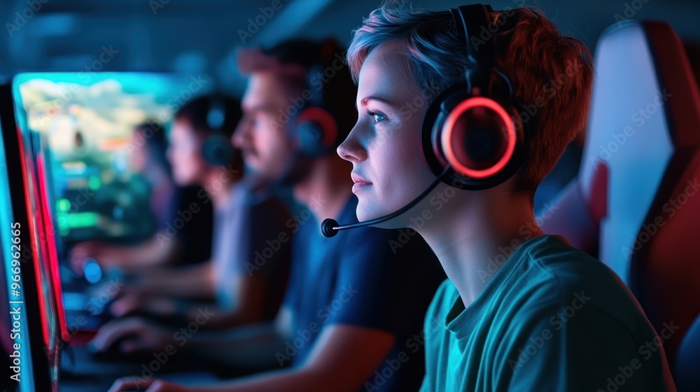 Young woman gamer wearing headset and looking at computer screen. Young woman gamer wearing headset and looking at computer screen.