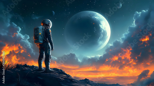 An astronaut gazes at a dis...
