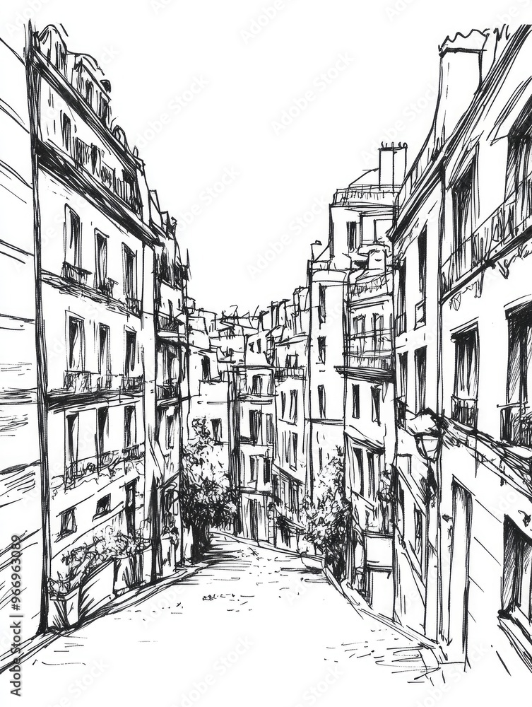 Line art illustration of a street scene featuring hand drawn ink sketches of buildings and streets in a panoramic perspective ideal for postcard designs Line art illustration of a street scene featuring hand drawn ink sketches of buildings and streets in a panoramic perspective ideal for postcard designs