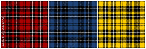 Red, dark navy blue and yellow tartan plaid pattern set. Vector seamless check pattern for plaid fabric, flannel shirt, blanket, clothes, skirt, tablecloth, textile.