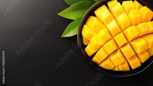 Fresh Sliced Mango in Bowl on Black Background