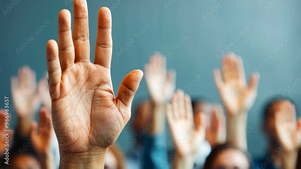 Conference, crowd and business people with hands for a question, vote or volunteering Conference, crowd and business people with hands for a question, vote or volunteering