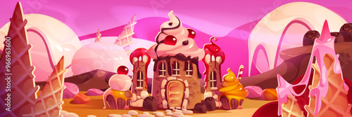 Fantasy candy land castle landscape for game. Sweet confectionery illustration of sugar dream house. Fairy tale palace building near chocolate hill for princess. Cute fantastic caramel backdrop