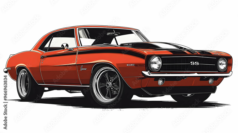 Fototapeta premium Classic muscle car in vibrant orange with black stripes, showcasing retro automotive design.
