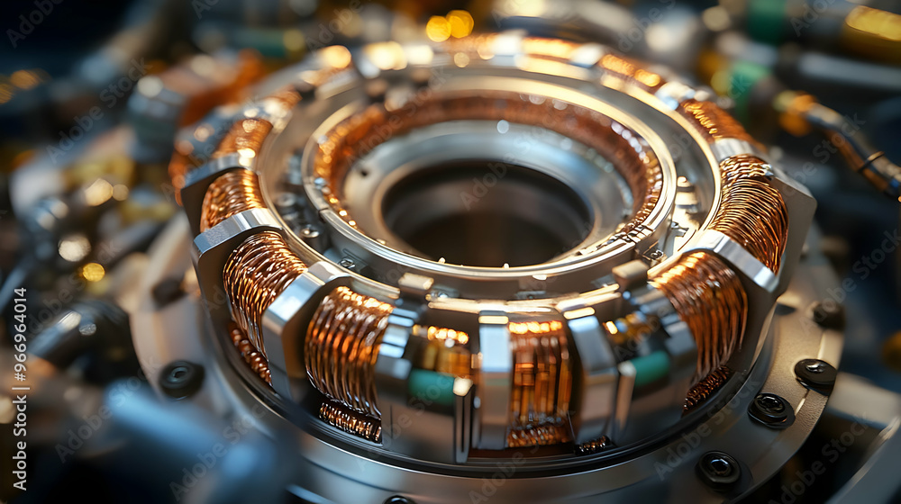 Fototapeta premium Close-up of a complex mechanical component with copper wiring and metallic structure.