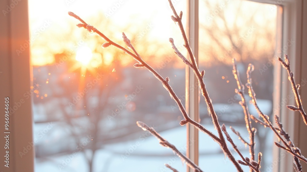 Icy Tree Branch Against a Blurry Sunset Through a Window Icy Tree Branch Against a Blurry Sunset Through a Window