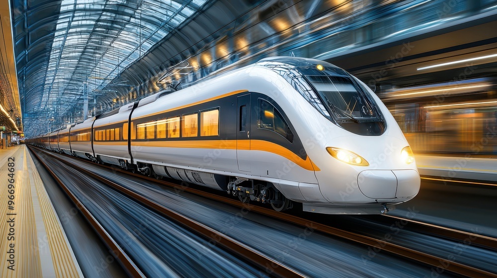 Naklejka premium Modern High Speed Train Departing Station with Motion Blur