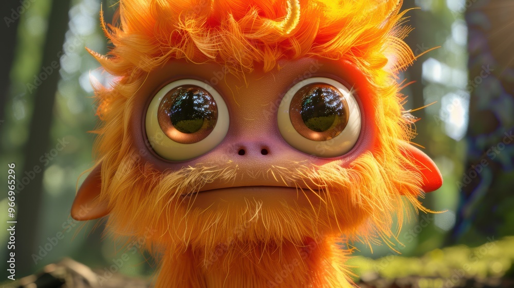 Hyper-realistic 3D cute monster with large expressive eyes and fluffy fur or scales, posed playfully against an enchanted forest backdrop. Hyper-realistic 3D cute monster with large expressive eyes and fluffy fur or scales, posed playfully against an enchanted forest backdrop.