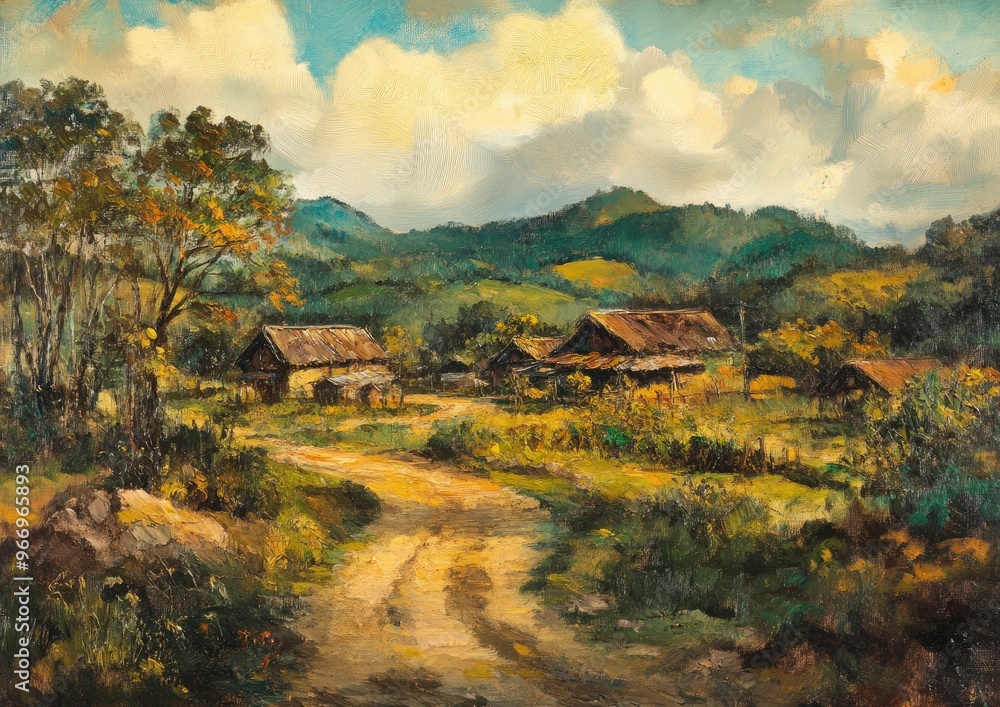 Obraz premium Oil painting depicting a rural community and its surroundings
