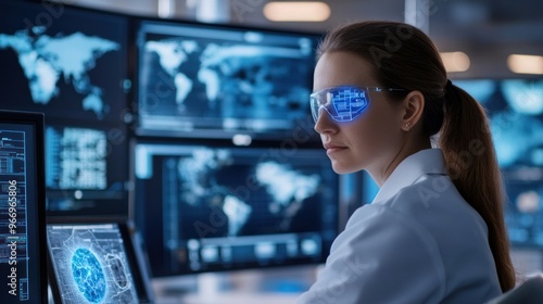 Woman in Futuristic Glasses Working in Data Center.