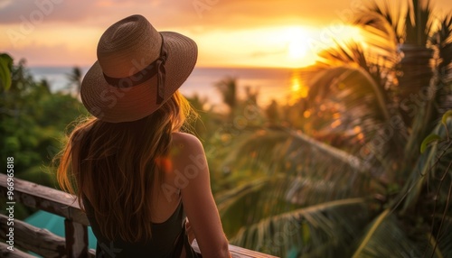 Sunset Serenity: A Woman's Poetic Moment on the Balcony of Roatan Island, Honduras photo