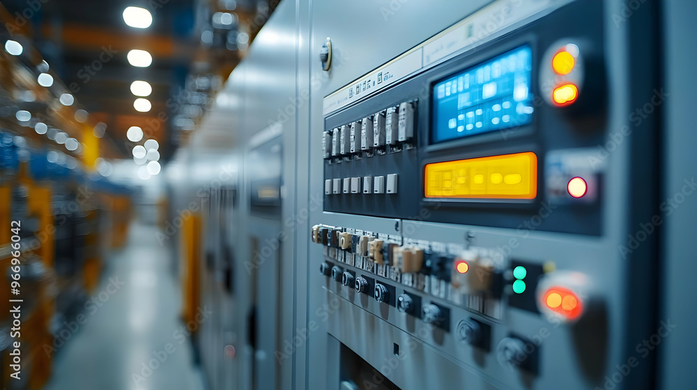 Control panel in an industrial setting with various buttons and displays. Control panel in an industrial setting with various buttons and displays.