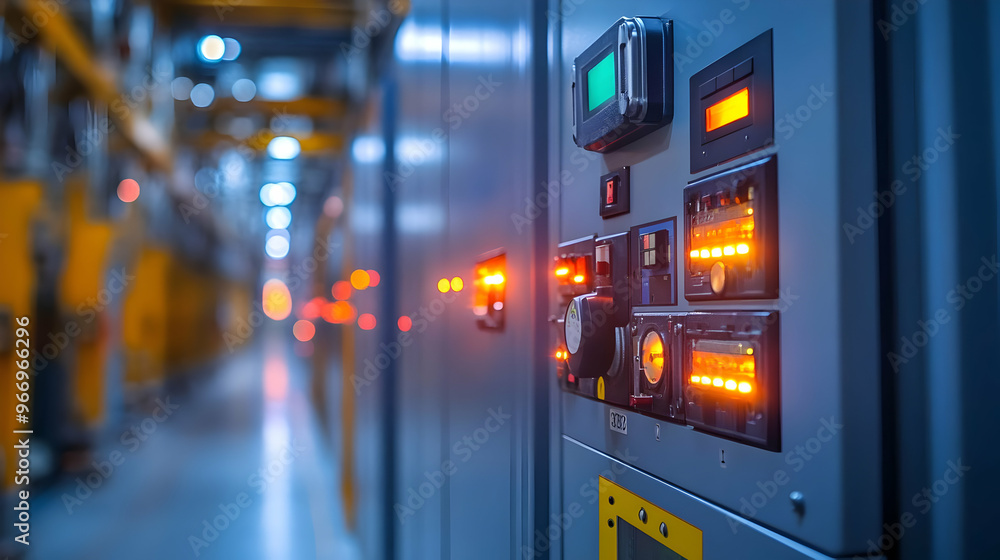 Control panel with illuminated indicators in an industrial setting. Control panel with illuminated indicators in an industrial setting.