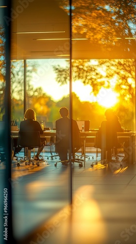A professional setting features people working at desks in a contemporary office with glass walls. Soft warm light enhances the atmosphere as sunlight streams through