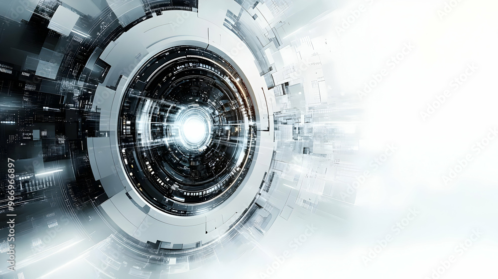 Fototapeta premium Futuristic abstract design with circular patterns and light effects.