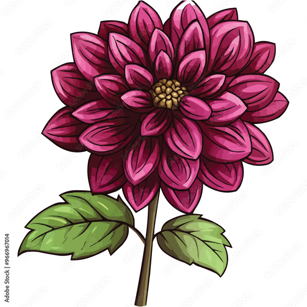 Obraz premium vector magenta dahlia flower clipart with green leaves on the stem