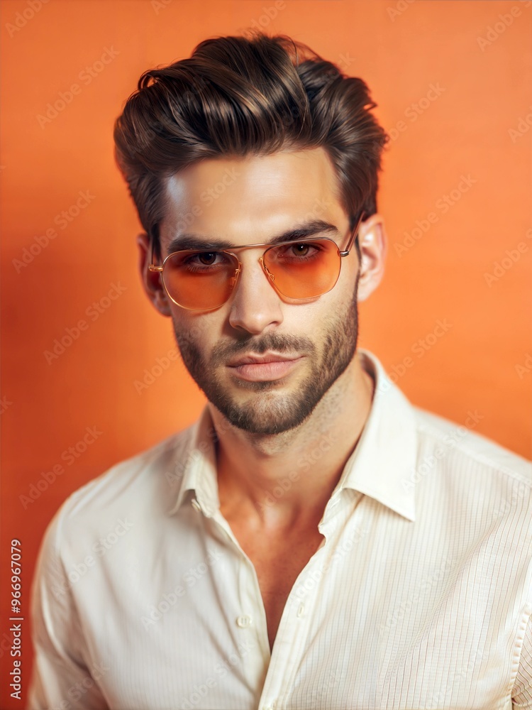 Attractive male model with facial hair wearing a green shirt, green jacket and green glasses on a plain yellow background, portrait Attractive male model with facial hair wearing a green shirt, green jacket and green glasses on a plain yellow background, portrait