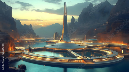 Futuristic cityscape with a...