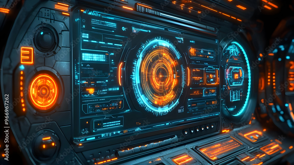 Futuristic control panel with glowing interfaces and data displays. Futuristic control panel with glowing interfaces and data displays.