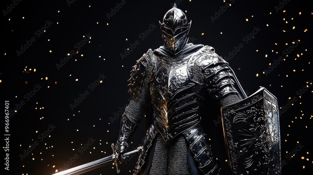 Fototapeta premium Dark Knight in Full Armor with Sword and Shield