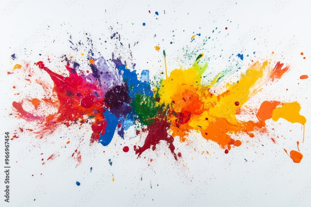 Colorful paint splashes and vibrant ink drops on a white canvas background Colorful paint splashes and vibrant ink drops on a white canvas background