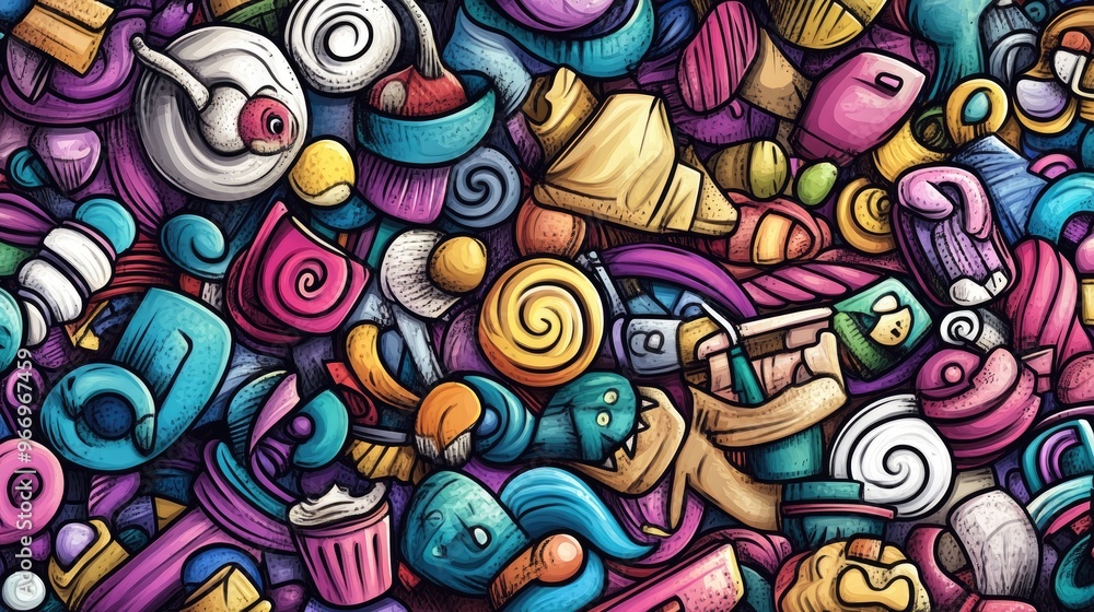 Cute hand drawn cartoon doodles featuring detailed line art and a variety of objects in the background Playful 2D cartoon artwork with a watercolor artistic theme