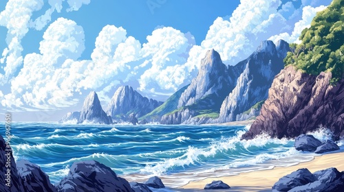 Rocky coastline featuring a stunning blend of rocky shores and sandy beaches Ocean waves crash against the picturesque landscape complemented by towering mountains in a 2D cartoon style photo