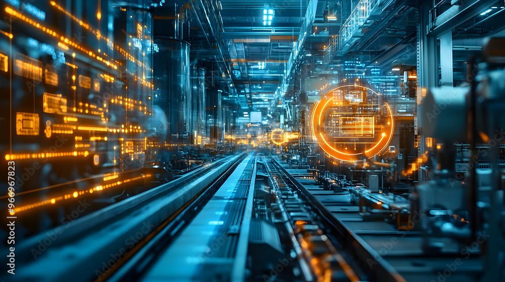 Futuristic industrial scene with glowing data streams and automated machinery. Futuristic industrial scene with glowing data streams and automated machinery.