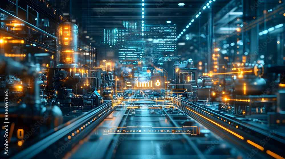 Futuristic industrial scene with glowing elements and data displays. Futuristic industrial scene with glowing elements and data displays.