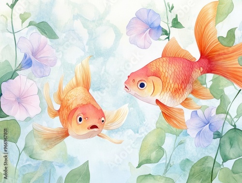 Watercolor illustration featuring goldfish among morning glory in a Japanese inspired background