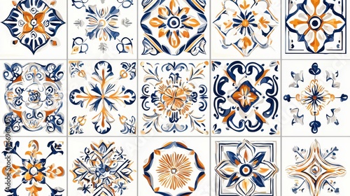 Blue and Orange Floral Tile Pattern