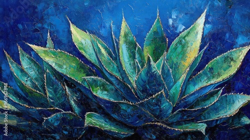 Vibrant oil painting showcasing the intricate details of Agave attenuata leaves and cactus plants featuring rich textures of lush succulent foliage against a blue toned nature background