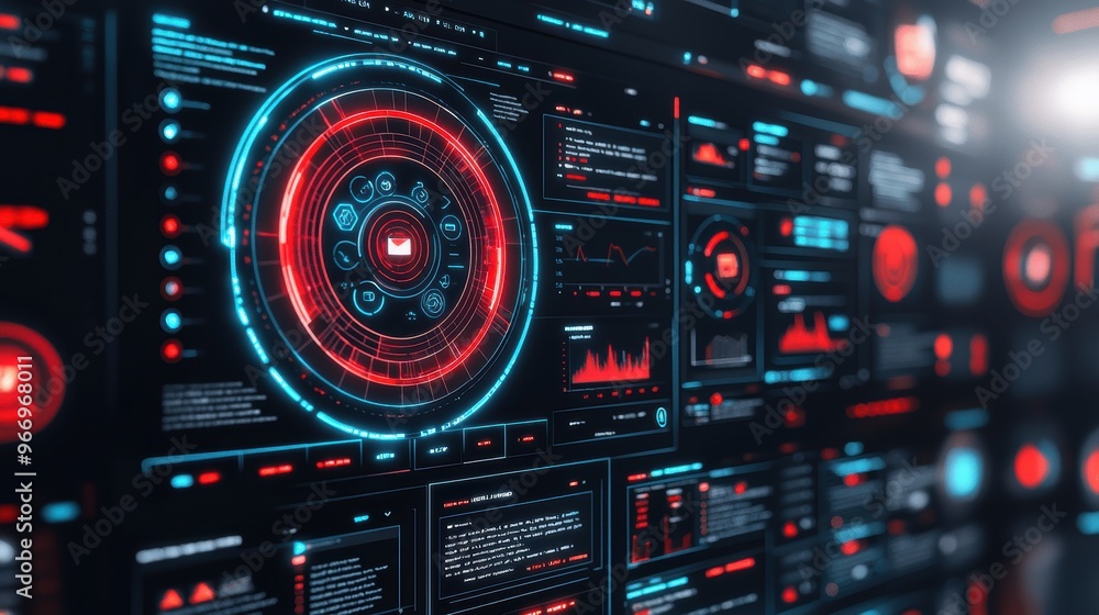 Fototapeta premium Futuristic Digital Interface with Red and Blue Glowing Elements and Email Icon