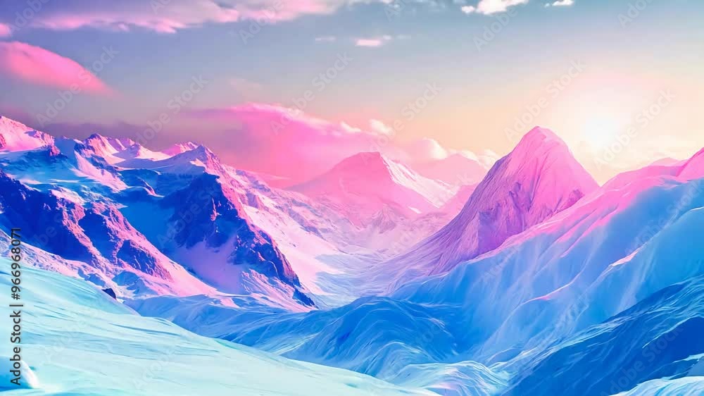 winter landscape with sunrise over a snow-capped mountain range, with pink and blue hues illuminating the icy peaks and valleys below in a tranquil and beautiful scene winter landscape with sunrise over a snow-capped mountain range, with pink and blue hues illuminating the icy peaks and valleys below in a tranquil and beautiful scene