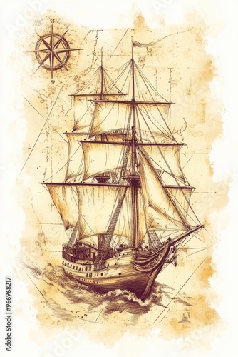 Wallpaper Mural Vintage sailing ship illustration featuring a hand drawn 2D cartoon style Captivating details reminiscent of historical nautical maps Torontodigital.ca